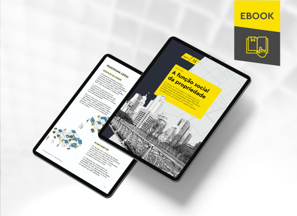 Mockup ilustrativo de dois tablets, um acima do outro, com imagens do conteúdo interno do e-book. No canto superior direito, faixa descritiva nas cores amarelo e cinza, com o nome "e-book" escrito.