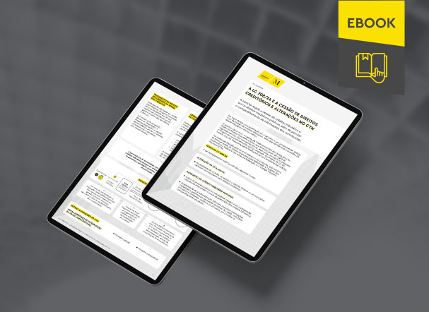 Mockup ilustrativo de dois tablets, um acima do outro, com imagens do conteúdo interno do e-book. No canto superior direito, faixa descritiva nas cores amarelo e cinza, com o nome "e-book" escrito