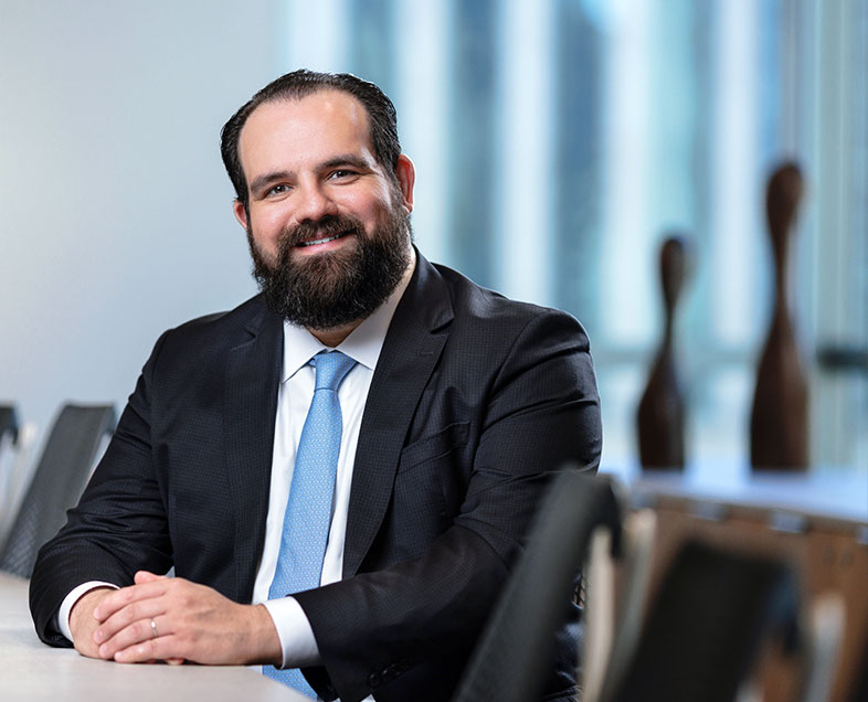 Diego de Souza Aguiar  Homem de cabelo curto preto, com barba e bigode grandes, também pretos. Veste uma camisa branca, terno preto e uma gravata azul clara. Ele está sentado, com as mãos entrelaçadas e apoiadas em uma mesa a esquerda, está sorrindo e olhando para frente.