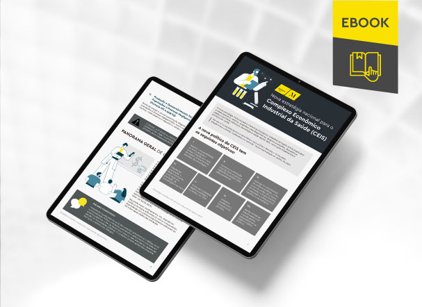 Mockup ilustrativo de dois tablets, um acima do outro, com imagens do conteúdo interno do e-book. No canto superior direito, faixa descritiva nas cores amarelo e cinza, com o nome "e-book" escrito