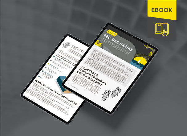 Mockup ilustrativo de dois tablets, um acima do outro, com imagens do conteúdo interno do e-book. No canto superior direito, faixa descritiva nas cores amarelo e cinza, com o nome "e-book" escrito