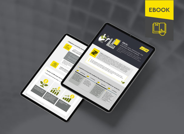 Mockup ilustrativo de dois tablets, um acima do outro, com imagens do conteúdo interno do e-book. No canto superior direito, faixa descritiva nas cores amarelo e cinza, com o nome 