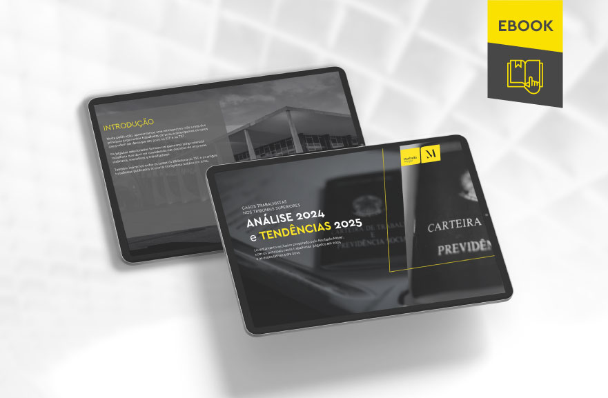 Mockup ilustrativo de dois tablets, um acima do outro, com imagens do conteúdo interno do e-book. No canto superior direito, faixa descritiva nas cores amarelo e cinza, com o nome 