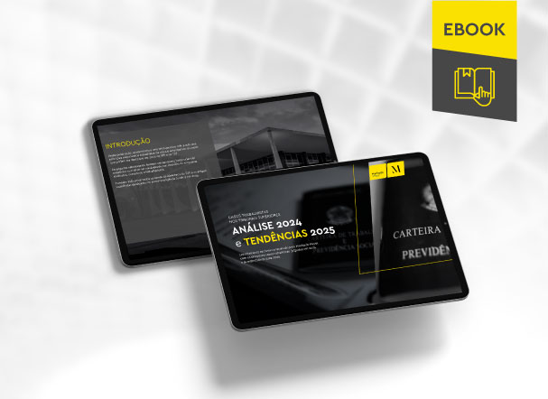 Mockup ilustrativo de dois tablets, um acima do outro, com imagens do conteúdo interno do e-book. No canto superior direito, faixa descritiva nas cores amarelo e cinza, com o nome 