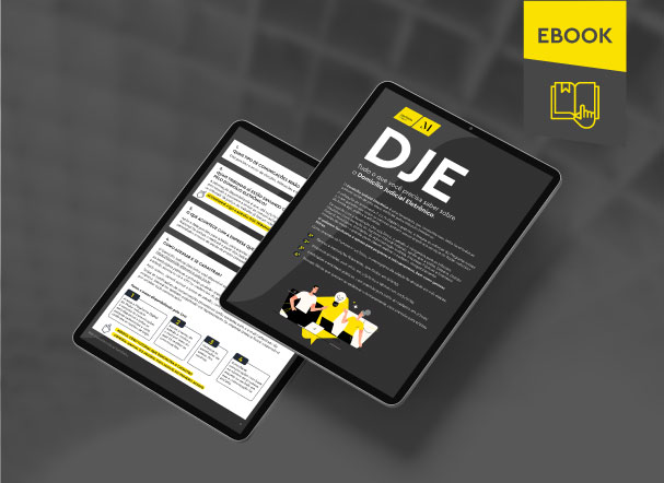 Mockup ilustrativo de dois tablets, um acima do outro, com imagens do conteúdo interno do e-book. No canto superior direito, faixa descritiva nas cores amarelo e cinza, com o nome "e-book" escrito