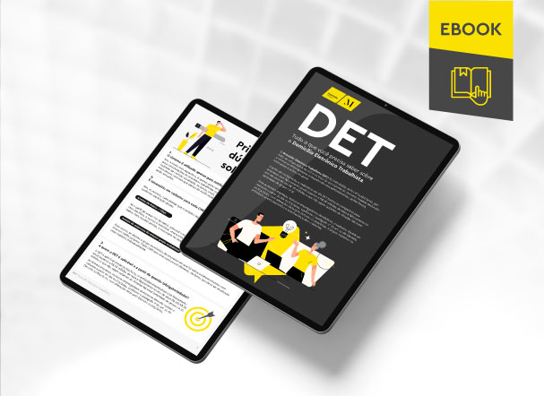 Mockup ilustrativo de dois tablets, um acima do outro, com imagens do conteúdo interno do e-book. No canto superior direito, faixa descritiva nas cores amarelo e cinza, com o nome "e-book" escrito