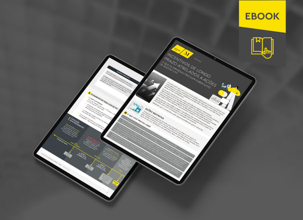 Mockup ilustrativo de dois tablets, um acima do outro, com imagens do conteúdo interno do e-book. No canto superior direito, faixa descritiva nas cores amarelo e cinza, com o nome 