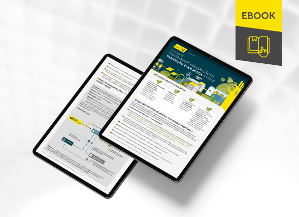 Mockup ilustrativo de dois tablets, um acima do outro, com imagens do conteúdo interno do e-book. No canto superior direito, faixa descritiva nas cores amarelo e cinza, com o nome 