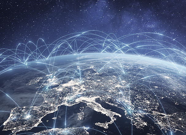 Graphic representation of communication technology with a global internet network.