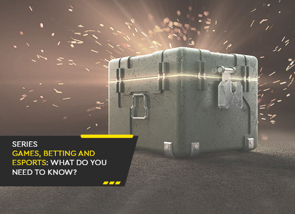 Illustrative image of a closed box with sparks coming out from inside. In the bottom left corner, a black banner with the phrase: 'Gaming, betting, and esports series: what you need to know?