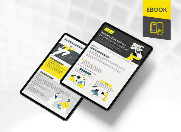 Mockup ilustrativo de dois tablets, um acima do outro, com imagens do conteúdo interno do e-book. No canto superior direito, faixa descritiva nas cores amarelo e cinza, com o nome "e-book" escrito