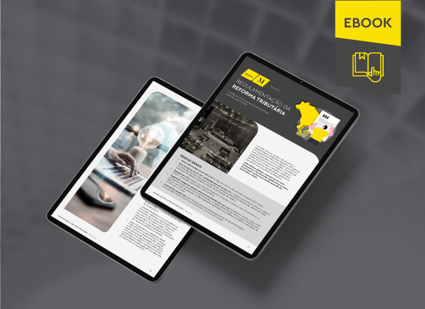 Mockup ilustrativo de dois tablets, um acima do outro, com imagens do conteúdo interno do e-book. No canto superior direito, faixa descritiva nas cores amarelo e cinza, com o nome 