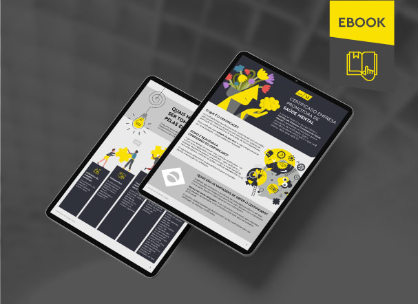 Mockup ilustrativo de dois tablets, um acima do outro, com imagens do conteúdo interno do e-book. No canto superior direito, faixa descritiva nas cores amarelo e cinza, com o nome "e-book" escrito