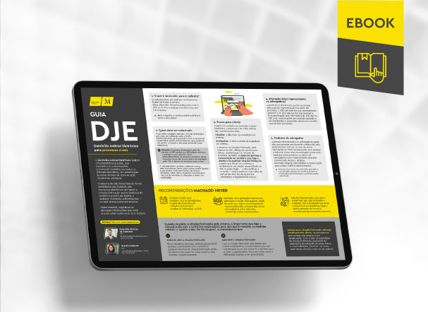 Mockup ilustrativo de dois tablets, um acima do outro, com imagens do conteúdo interno do e-book. No canto superior direito, faixa descritiva nas cores amarelo e cinza, com o nome "e-book" escrito