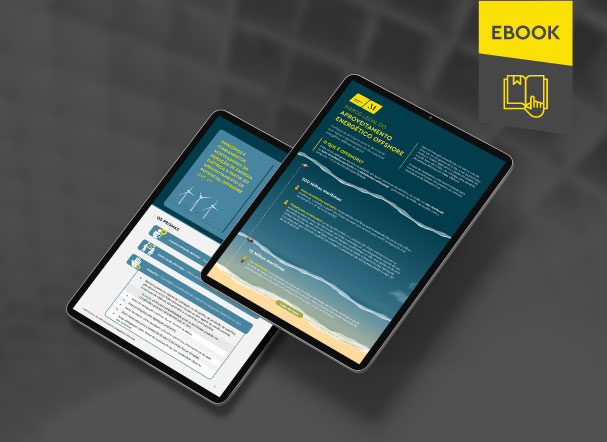 Mockup ilustrativo de dois tablets, um acima do outro, com imagens do conteúdo interno do e-book. No canto superior direito, faixa descritiva nas cores amarelo e cinza, com o nome "e-book" escrito