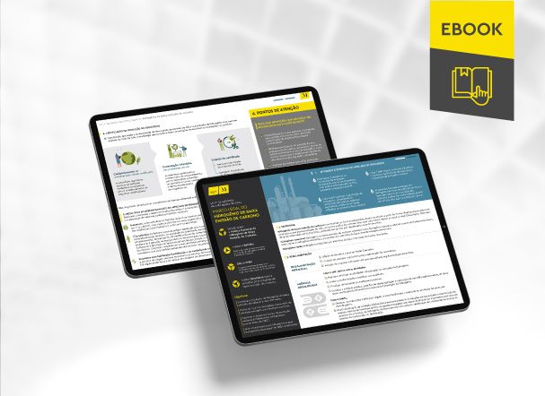 Mockup ilustrativo de dois tablets, um acima do outro, com imagens do conteúdo interno do e-book. No canto superior direito, faixa descritiva nas cores amarelo e cinza, com o nome "e-book" escrito