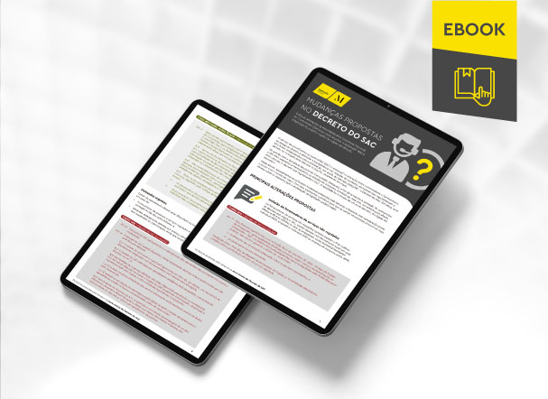 Mockup ilustrativo de dois tablets, um acima do outro, com imagens do conteúdo interno do e-book. No canto superior direito, faixa descritiva nas cores amarelo e cinza, com o nome "e-book" escrito