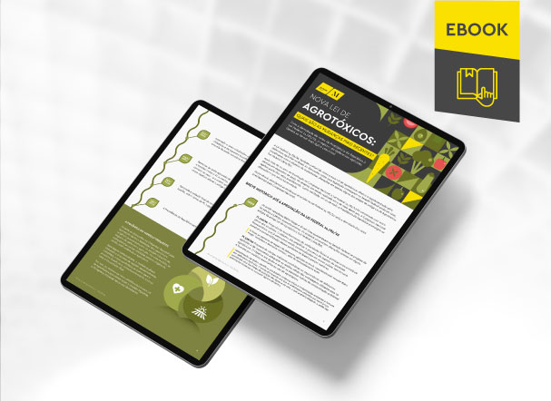 Mockup ilustrativo de dois tablets, um acima do outro, com imagens do conteúdo interno do e-book. No canto superior direito, faixa descritiva nas cores amarelo e cinza, com o nome "e-book" escrito