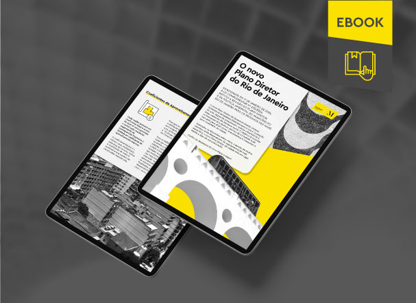 Mockup ilustrativo de dois tablets, um acima do outro, com imagens do conteúdo interno do e-book. No canto superior direito, faixa descritiva nas cores amarelo e cinza, com o nome "e-book" escrito