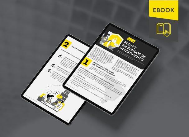 Mockup ilustrativo de dois tablets, um acima do outro, com imagens do conteúdo interno do e-book. No canto superior direito, faixa descritiva nas cores amarelo e cinza, com o nome "e-book" escrito