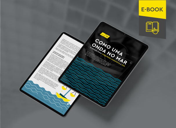 Mockup ilustrativo de dois tablets, um acima do outro, com imagens do conteúdo interno do e-book. No canto superior direito, faixa descritiva nas cores amarelo e cinza, com o nome "e-book" escrito