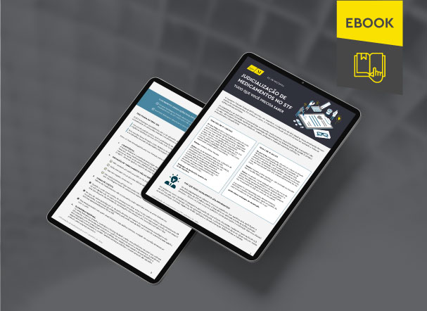 Mockup ilustrativo de dois tablets, um acima do outro, com imagens do conteúdo interno do e-book. No canto superior direito, faixa descritiva nas cores amarelo e cinza, com o nome "e-book" escrito