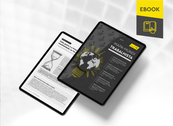 Mockup ilustrativo de dois tablets, um acima do outro, com imagens do conteúdo interno do e-book. No canto superior direito, faixa descritiva nas cores amarelo e cinza, com o nome "e-book" escrito