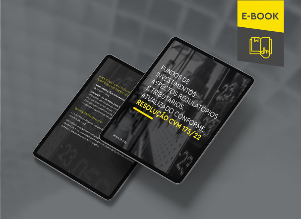 Mockup ilustrativo de dois tablets, um acima do outro, com imagens do conteúdo interno do e-book. No canto superior direito, faixa descritiva nas cores amarelo e cinza, com o nome "e-book" escrito