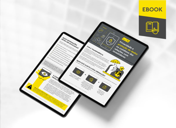 Mockup ilustrativo de dois tablets, um acima do outro, com imagens do conteúdo interno do e-book. No canto superior direito, faixa descritiva nas cores amarelo e cinza, com o nome "e-book" escrito