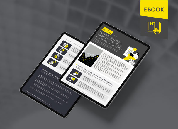 Mockup ilustrativo de dois tablets, um acima do outro, com imagens do conteúdo interno do e-book. No canto superior direito, faixa descritiva nas cores amarelo e cinza, com o nome 